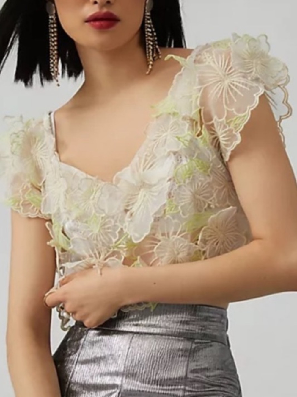 Anthropologie Sheer Floral Lace Flutter Crop Top Ivory Lime XS B-13